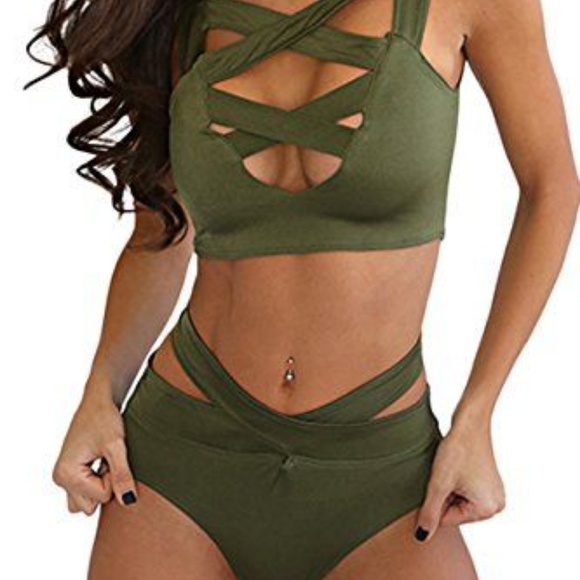 olive green high waisted swimsuit